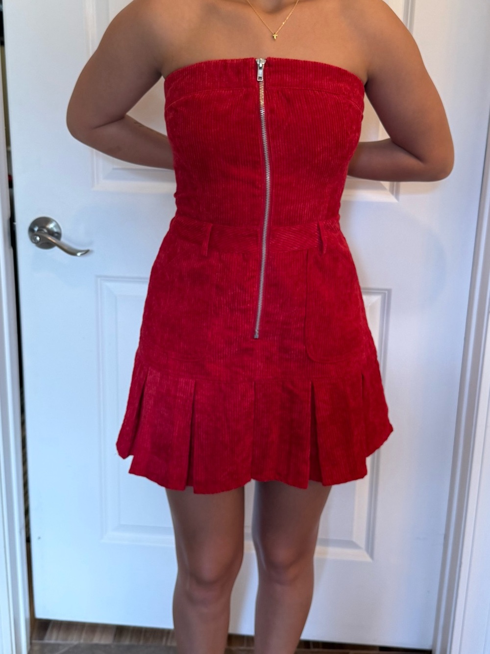 Strapless Red Corduroy Zip-Front Mini Romper